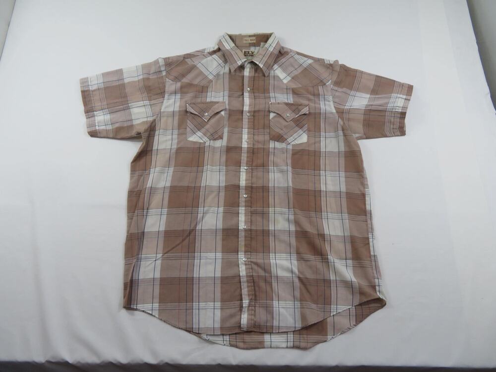 Ely Cattleman Western Pearl Snap White Beige Plaid Shirt Sz XL Tall Man